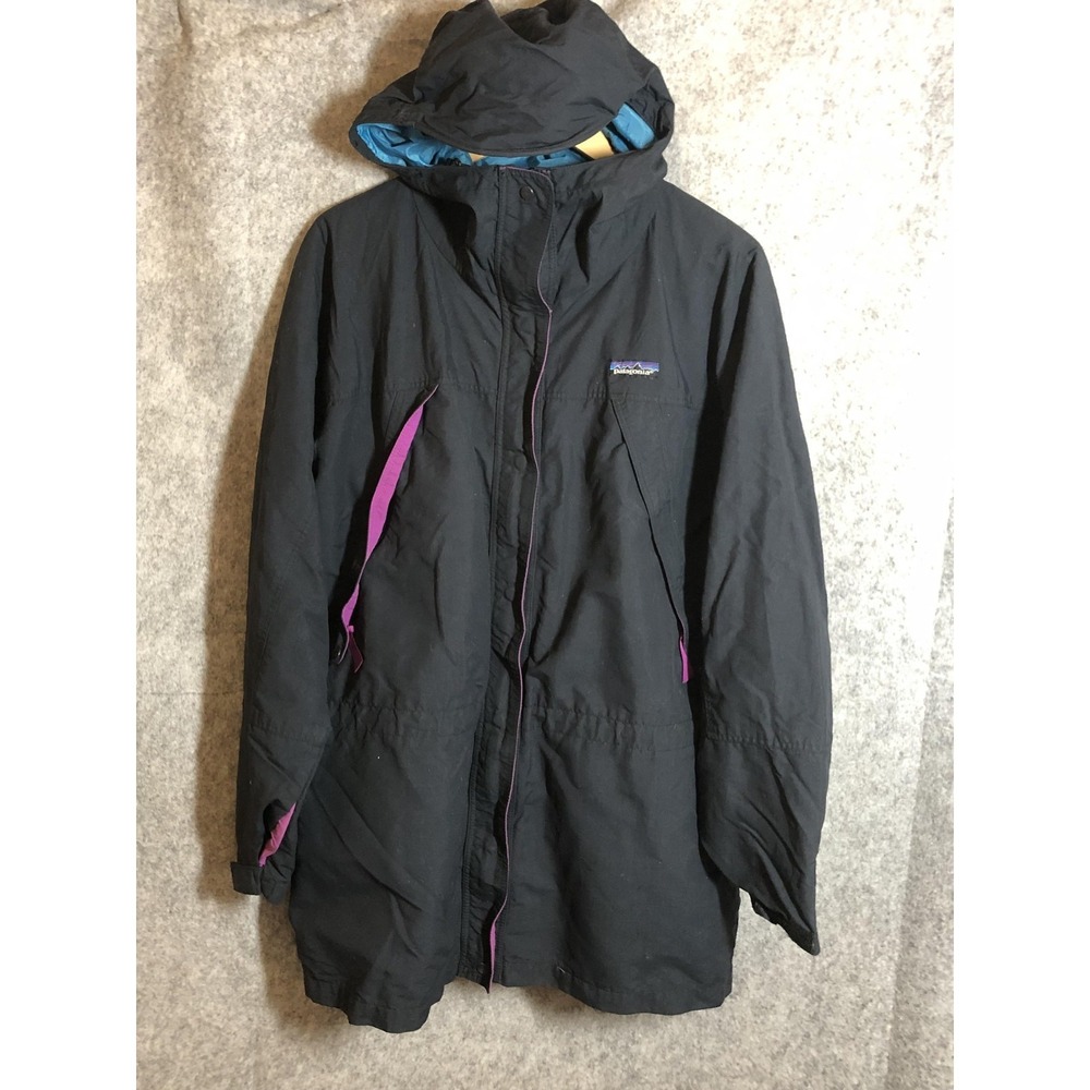 Vintage Patagonia Jacket Womens 14 Black Storm Parka Hooded Outdoor Coat Flaw